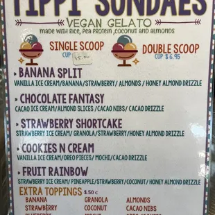 Vegan Gelato Menu