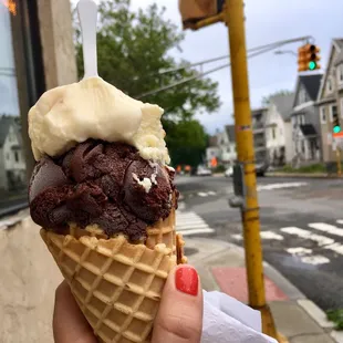 Sweet corn and trie chocolate on a waffle cone