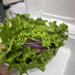 Pastrami wrapped lettuce burger
