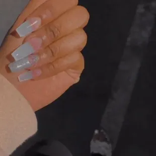 Natural full set with glitter nail accents white toes!! All gel.