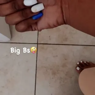 Short full set with gold "B" on ring finger. Lavender pedicure!! All gel!!