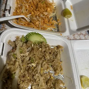 Chicken Pad thai and chicken fried rice.