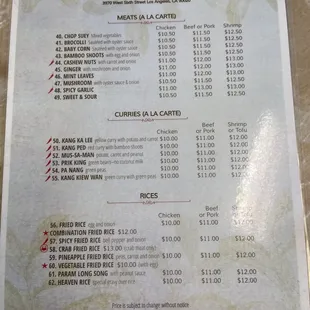Menu (a la carte)