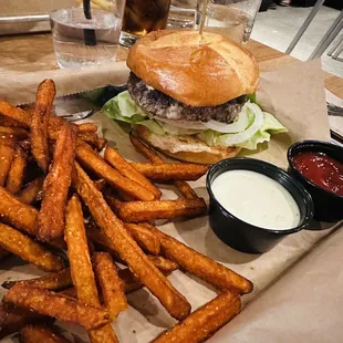 Tipsy burger and sweet potato fries