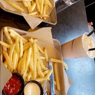 Turkey burger, fries, and strawberry milkshake