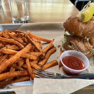 Salmon Burger and Sweet potato fries