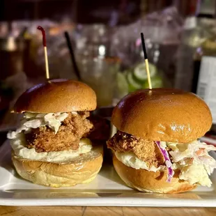 Chicken sliders. Mashed potatoes, chicken and coleslaw in between brioche buns. Genius!