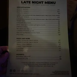 a menu for late night