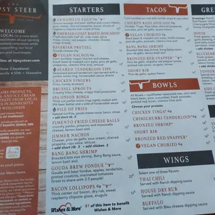 Starters, Tacos, Bowls, Greens, Wings