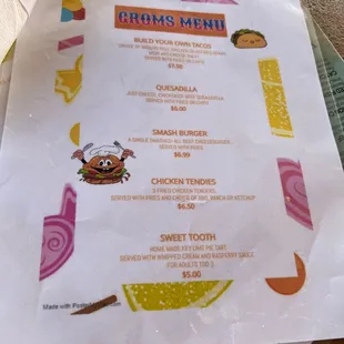 Kids menu