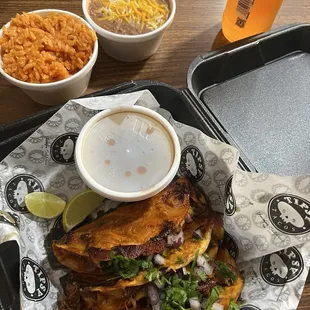 3 Quesa-Birrias Tacos + rice and beans