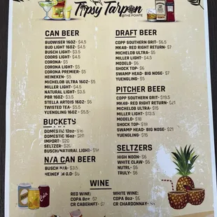 Beer and wine menu