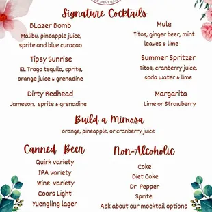 Menu (Cocktails $10, Beers $3-6)