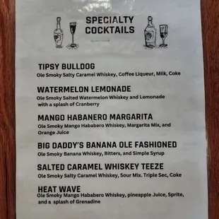a menu for cocktails