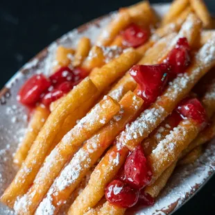 a plate of french fries with powdered sugar and cherries