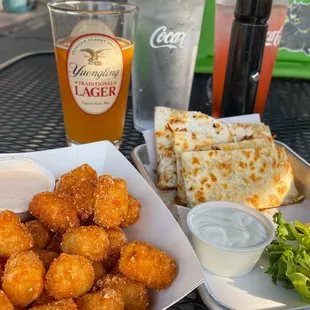 BBQ Chicken Quesadilla and a side of Tater Tots with the best spicy ranch!