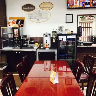 a table and chairs in a restaurant