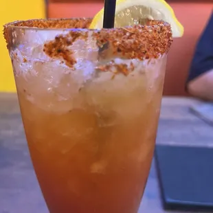 Michelada...came with olives n pickled veggies but the hubby ate them.