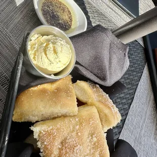 Bread basket, olive oil and butter