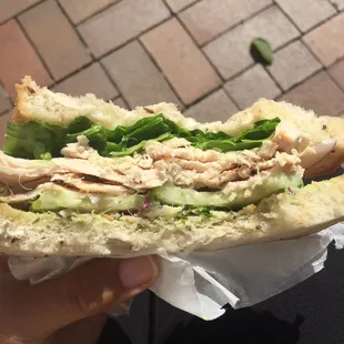 This Corner Cafe is a popular lunch destination for NOAA employees. This is turkey on Rye with pesto, cucumber, lettuce, onion, and sprouts.