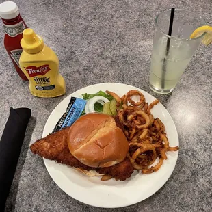 Tenderloin sandwich, onion rings and house lemonade.