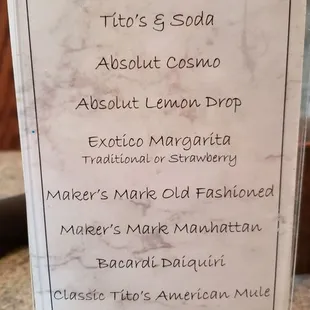 Menu - Table menu, classic cocktails