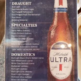 Menu - Table Menu, of beers available