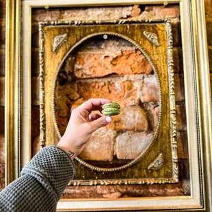 a hand holding a piece of cake