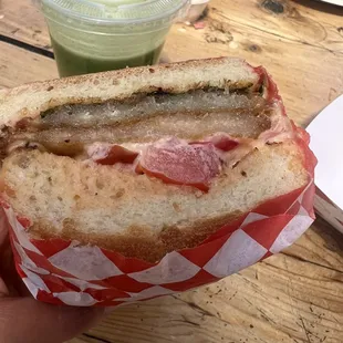 Double Yuca Patty Sandwich with spicy sauce. So so good! The creamy spicy sauce is packed with flavor. Love their fried plantain as well!