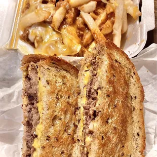 Delicious Patty-melt on grilled rye &amp; best chili-cheese fries ever, so good.