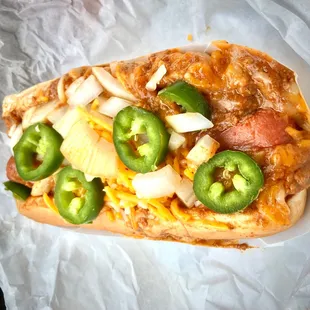 Yummy Chili-cheese dog w/ fresh jalapeño &amp; onion.