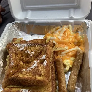 French toast, eggs scrambled with cheese, 2 sausage links