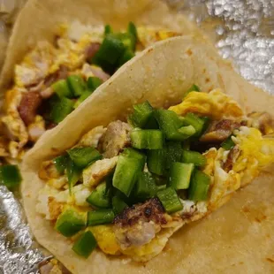 1. Sausage, egg, jalapeno  1. Bacon, Potato, Egg, Jalapeno  Tacos on Corn tortilla