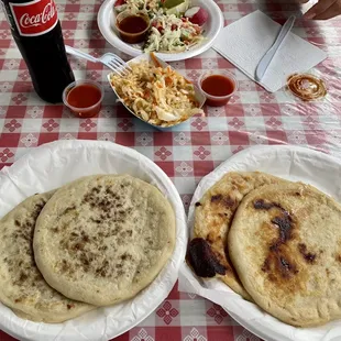 Popusas with Bean/cheese (left) and pork/cheese (right) and shrimp tacos