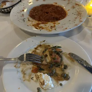 Caprese Salad with Burrata (bottom) Italian Sausage App in a delicious red sauce (top)