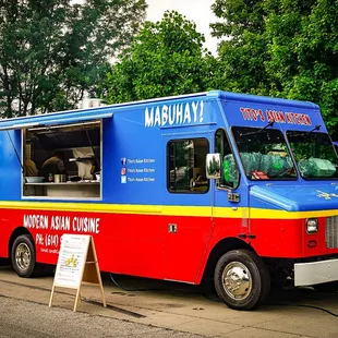 a blue and red food truck