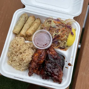 Lumpia, garlic rice, pancit, saucy Bong Bong chicken delicious sweet chili sauce