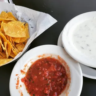 Chips, salsa and spicy queso