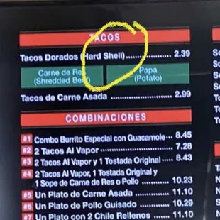 a menu on a television