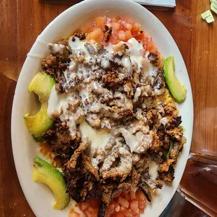 Pan Special beef, Cheese,  Rice, Avacado,  etc.,  unique