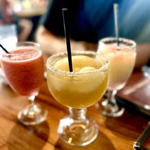 Favorite Trio of Frozen drinks to start the weekend! Strawberry Daiquiri, top shelf 16 0z. House Frozen Margarita and Swirl Margarita