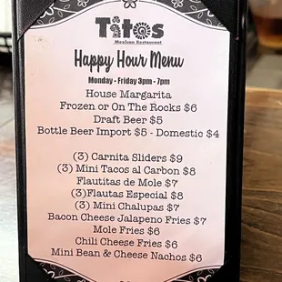 menu for happy hour menu