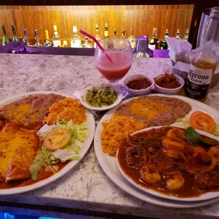 three plates of mexican food