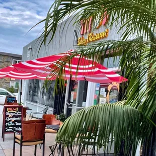 tables and umbrellas outside