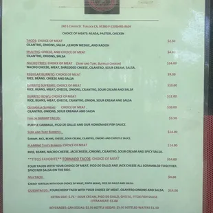 Menu on food truck