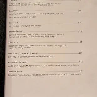 a menu for cocktails
