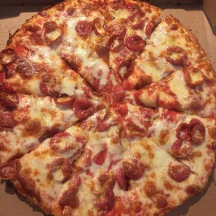 Large pepperoni pizza with extra cheese and garlic.
