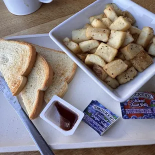 Toast and "root vegetable-potato hash"