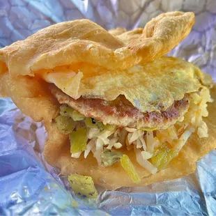 Frybread Breakfast w/Sausage, Green Chili diced!!!