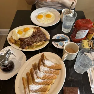 Chilaquiles with Steak and Eggs. Extra eggs sunny side, and essential French toast